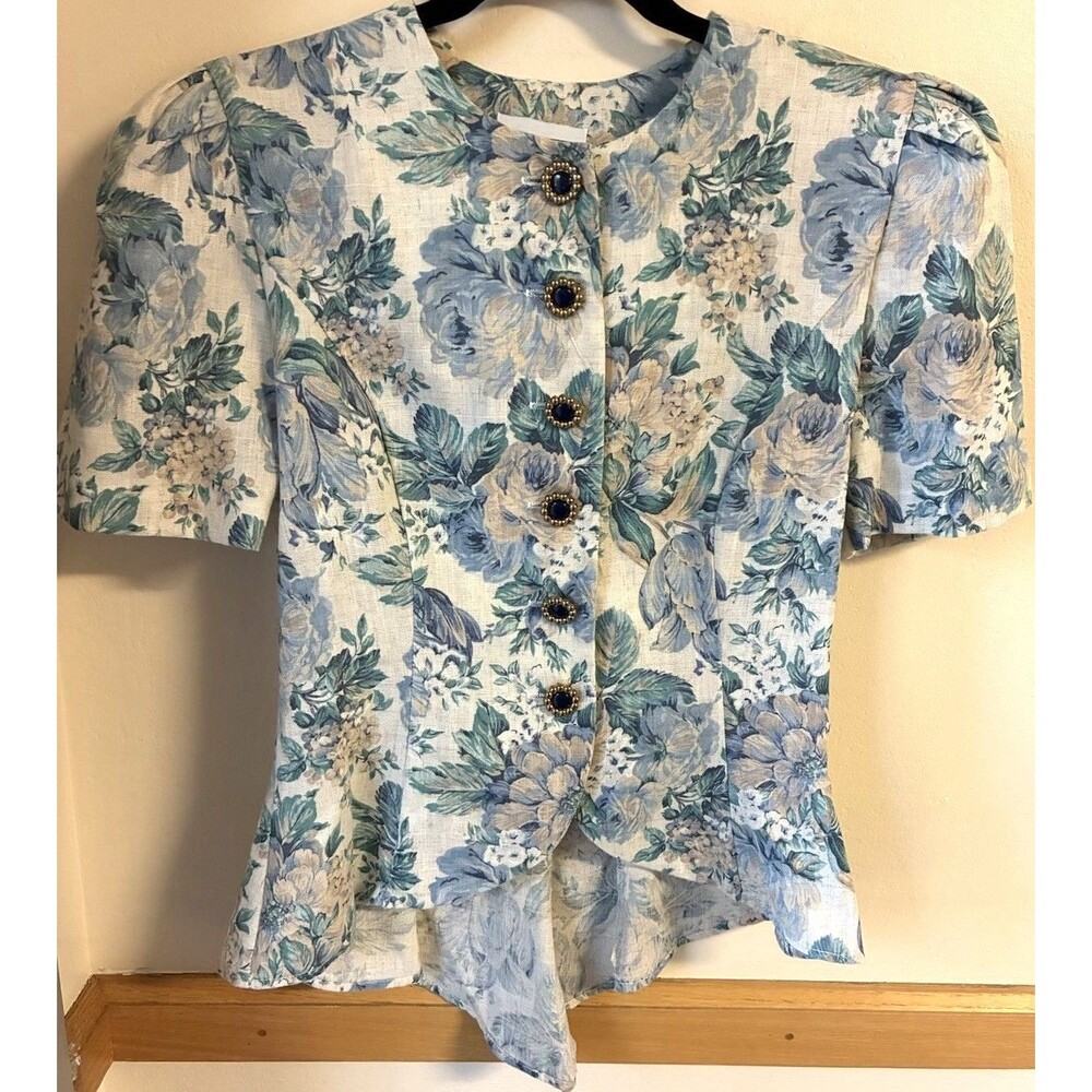 Floral Peplum High Low Blouse Jacket Linen Blend Short Sleeve 5/6 Flower Button